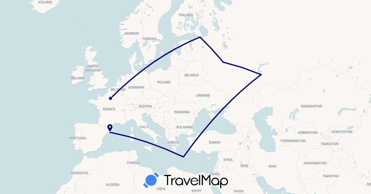 TravelMap itinerary: driving in Spain, France, Greece, Russia (Europe)